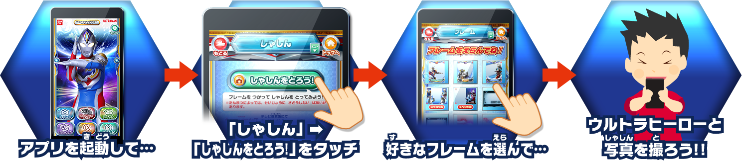 アプリを起動して… 「しゃしん」→「しゃしんをとろう!」をタッチ 好きなフレームを選んで… ウルトラヒーローと写真を撮ろう!!